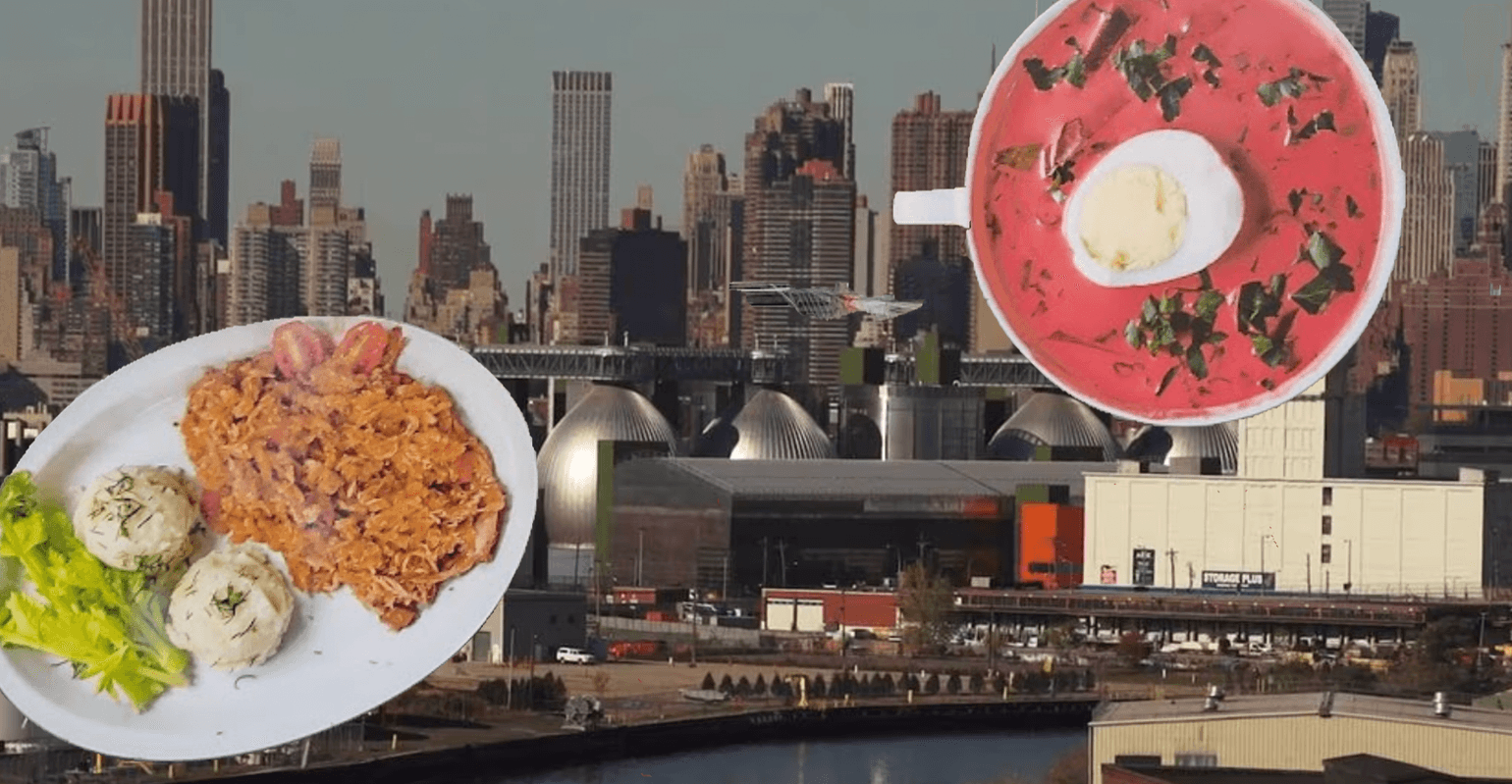 plates of Polish food float on a background view of manhattan