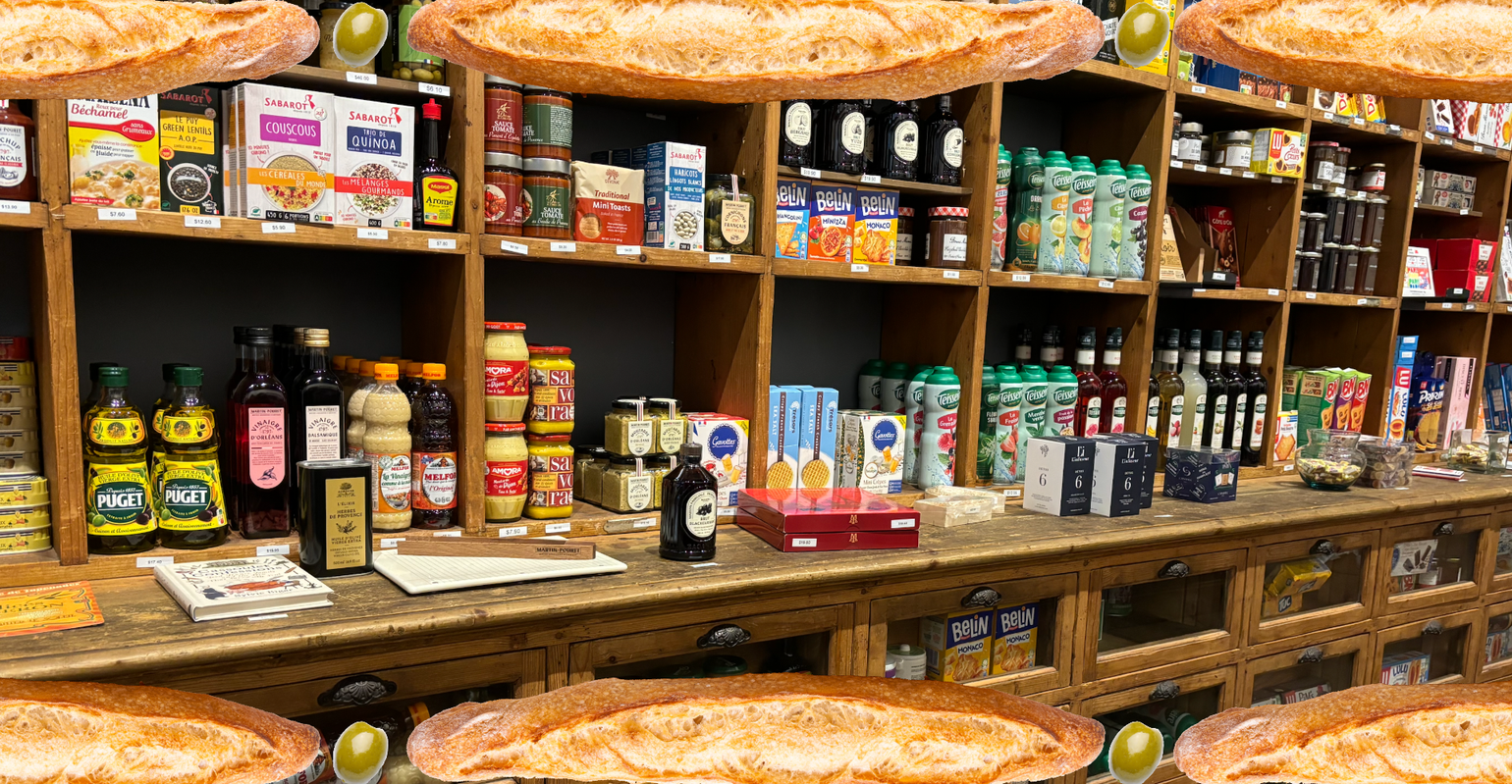 shelves stocked with french pantry items with photoshopped baguettes overlaid