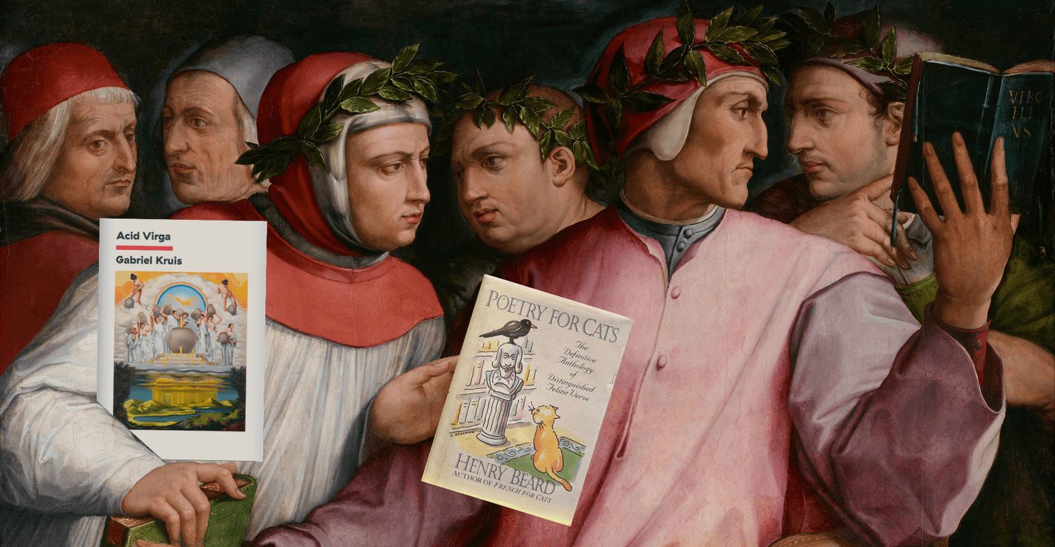 Renaissance painting of poets with modern poetry books photoshopped in