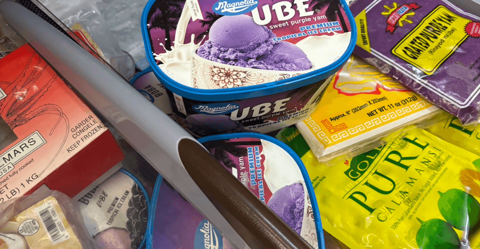 detail of an ice cream freezer with frozen ube and calamansi products