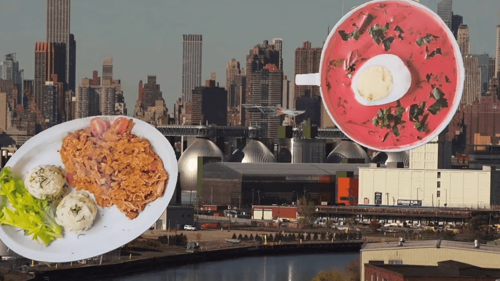 plates of Polish food float on a background view of manhattan