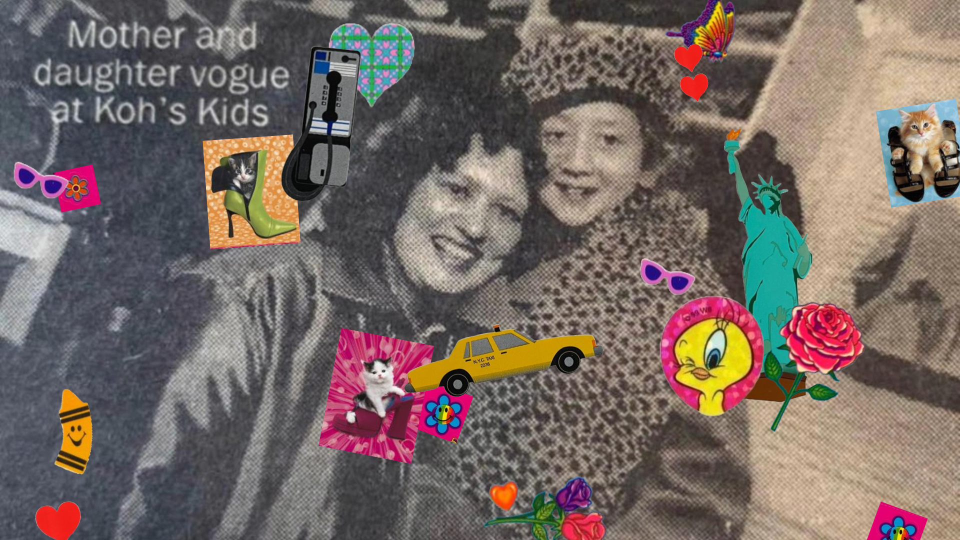 newspaper cutout showing a mother and daughter partially covered in stickers