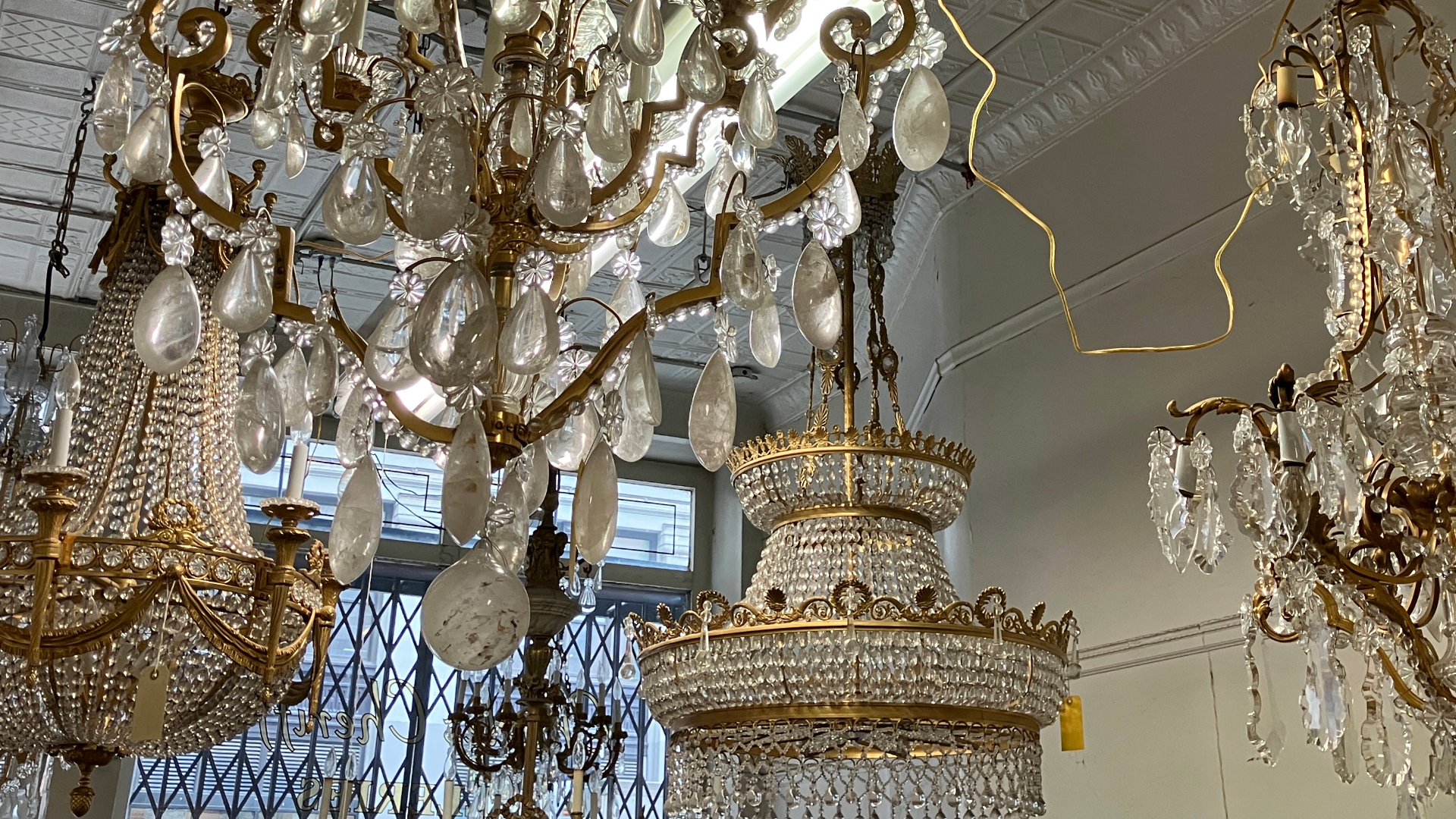 detail of chandeliers hanging from the ceiling