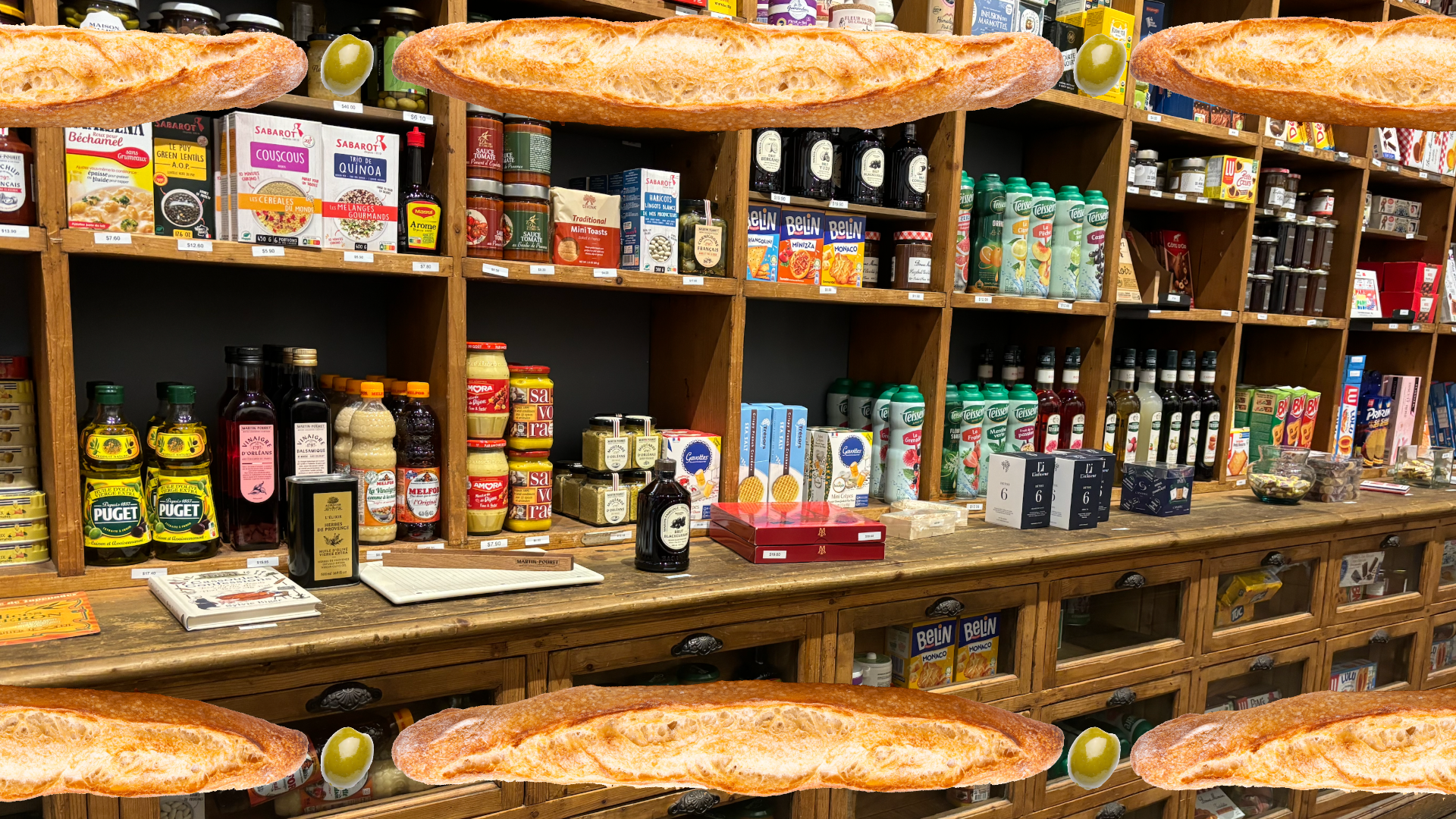 shelves stocked with french pantry items with photoshopped baguettes overlaid