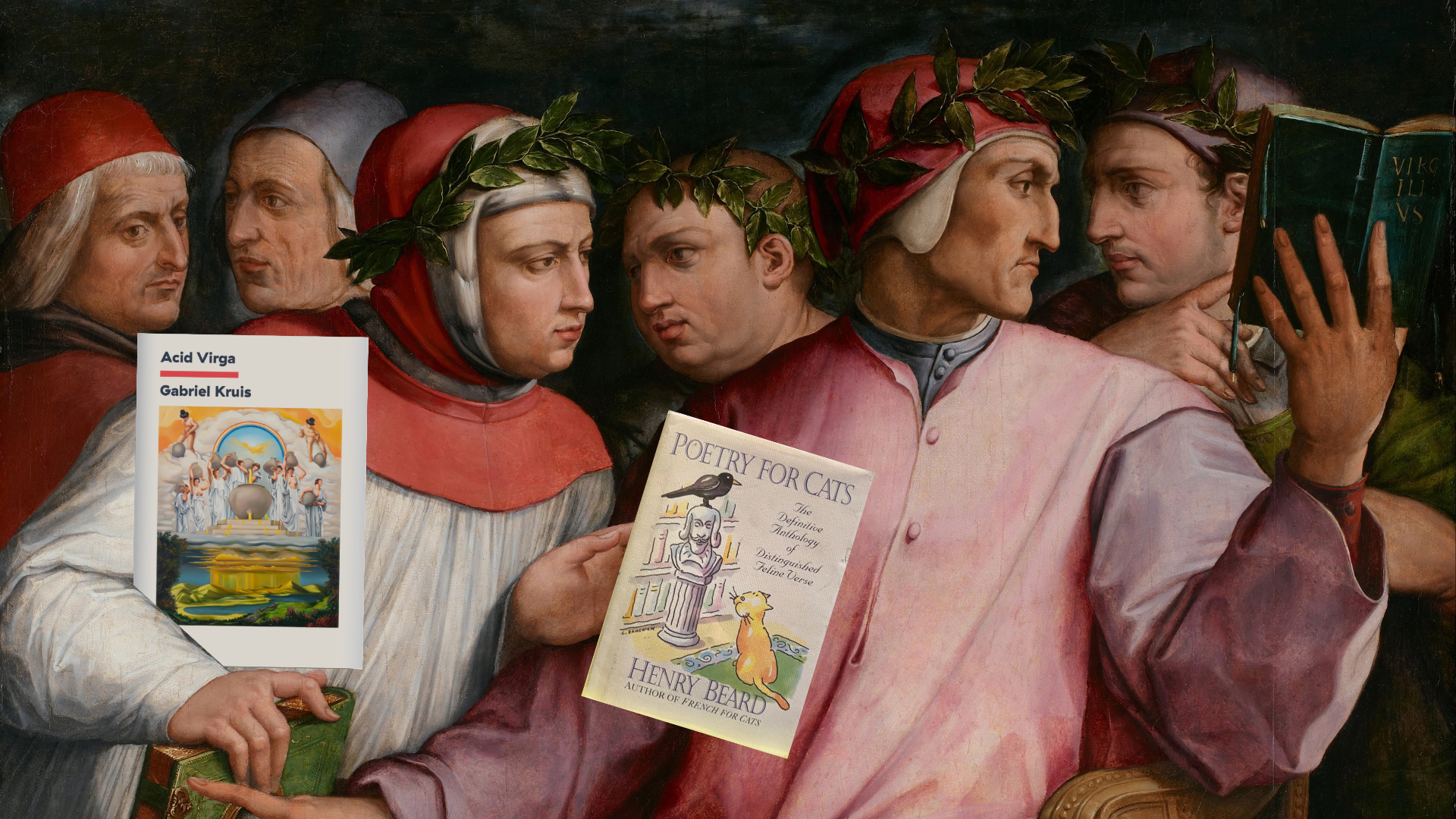 Renaissance painting of poets with modern poetry books photoshopped in